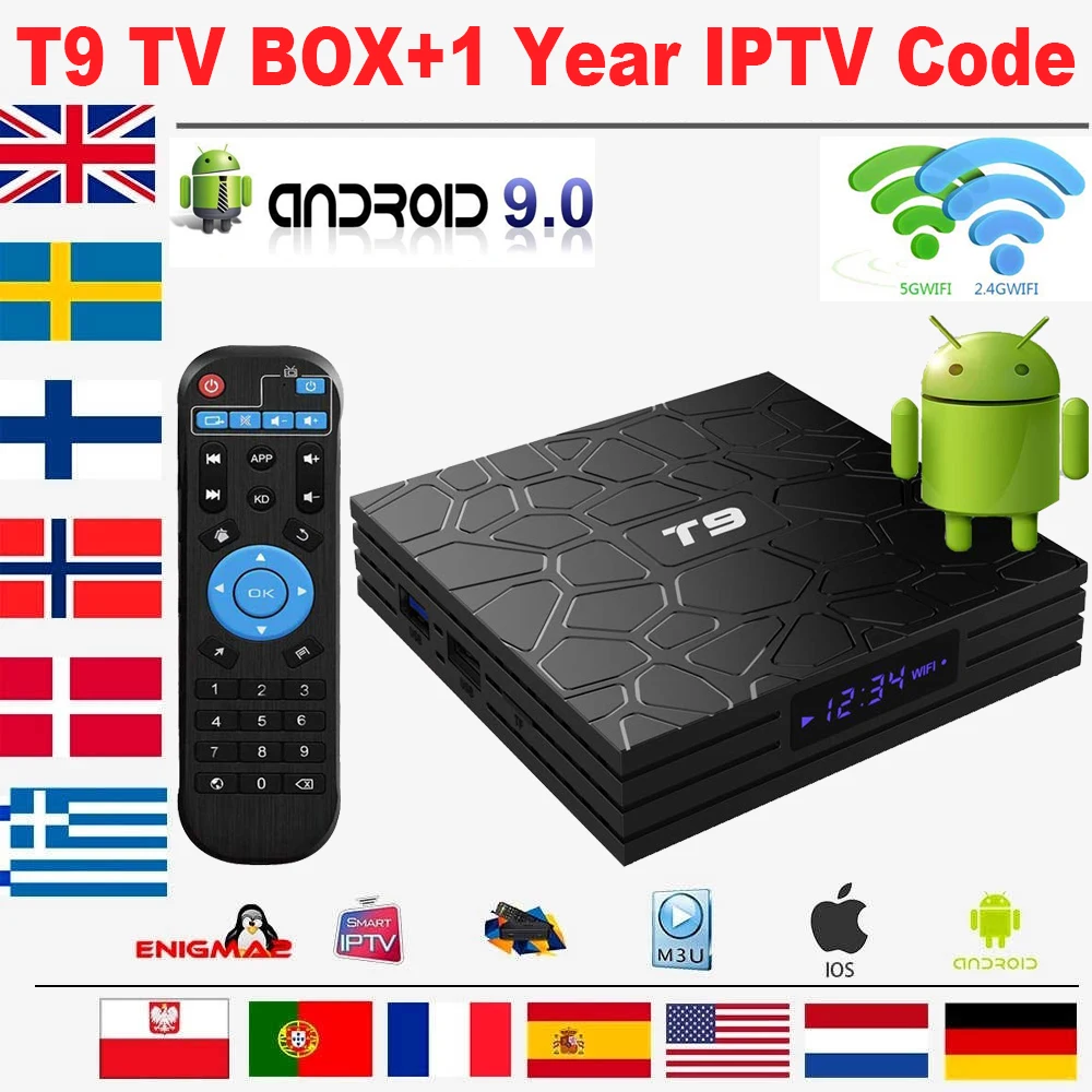 

T9 Smart TV Box with 1 Year IPTV Code Subscription 6700 Channel Europe Portugal French Sweden Arabic Android9.0 Set Top IPTV Box