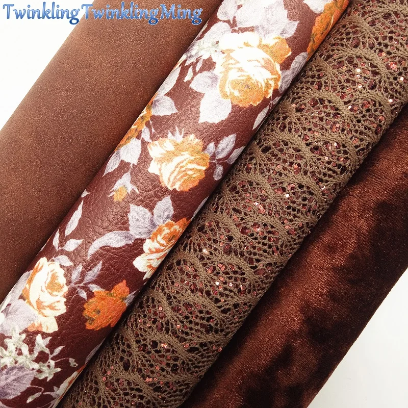 

BROWN Lace Glitter Fabric,Velvet Fabric, Flowers Printed Synthetic Leather Fabric Sheets For Bow A4 21x29CM Twinkling Ming XM719