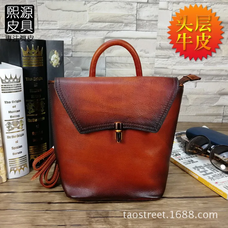 

2018 New Style Genuine Leather Women's Backpack Full-grain Leather Hand-rub Color Graft Tearful Leather Tipburn Retro Backpack B