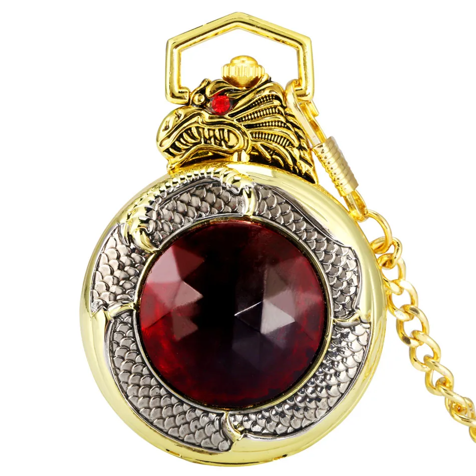 Lusso Drago D'Oro Pietra Rossa Design Orologio Da Tasca Al Quarzo Catena Da Tasca Fob Collezione Squisita Orologio Da Tasca Regali Uomo