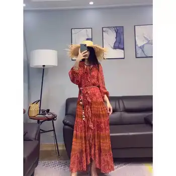 

2020 Holiday Flowers Print Long Women Dress Designer Ruffles Neck Long Lantern Sleeves Belt Bohemian Vestidos De