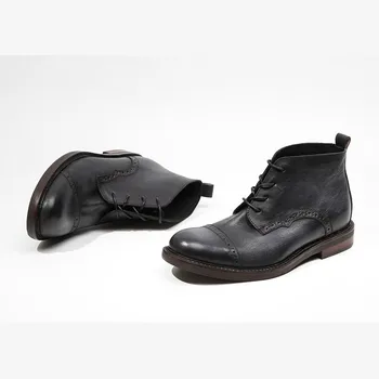 

Work Vintage Genuine Leather Ankle Shoes Spring Autumn Black Round Toe Booties Handmade Brogue Wing Tip Boots Men