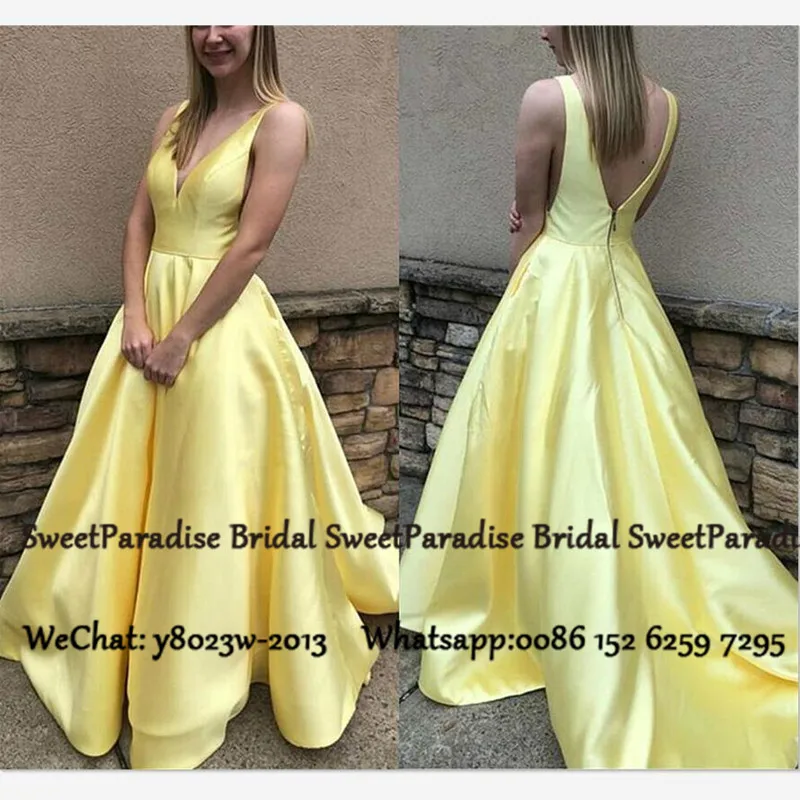 

Stylish Yellow Satin Prom Dresses Long Sweep Train 2020 Deep V Neck Backless A Line Women Evening Dress Vestido De Festa