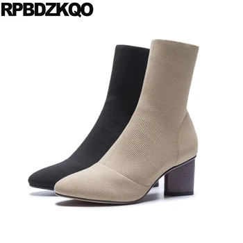 

black thick sock high heel boots knit short designer shoes women luxury 2019 pointed toe slip on fashion ankle fur chunky fall