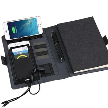 

2020 new arrivals popular business gift pu leather phone holder wireless power bank 8000mah charging notebook