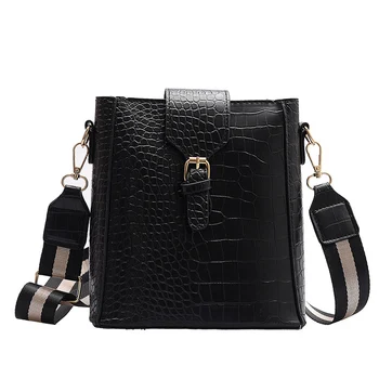 

Fashion Quality Leather Messenger Bags 2020 Female Big Bucket Bags Crocodile Pattern Wide Strap Shoulder Bag Sac a main