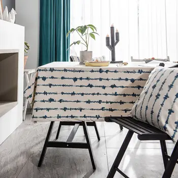 

Linen Cotton Tablecloth Rectangular Blue Vertical Strip Printed Wedding Dining Table Cover Tea Table Cloth Decoration Textile