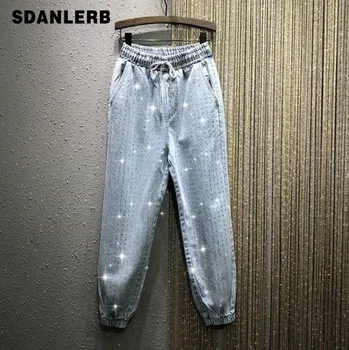 

Full of Diamond Rhinestone Elastic Waist Jeans Woman 2020 Spring New Personality European Goods Loose Denim Jean Pants