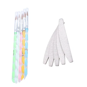 

5x 3D silver head acrylic handle UV gel nail brush (ran color) & 10x Nail files, D shape, double sided, gray white