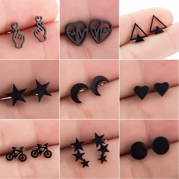 SMJEL Stainless Steel Earrings Geometric Women Men Hip hop Black Star Moon Stud Earring Fashion Jewelry Best Gift for Friend