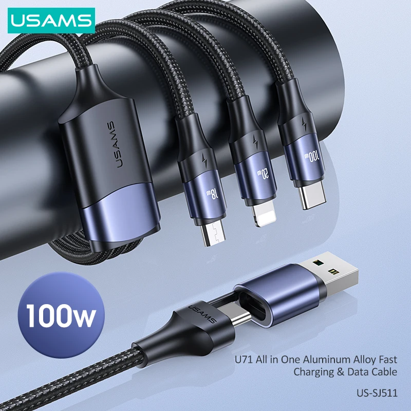 type of android charger USAMS 100W 6A 3 in 1 Cable USB A C To Lightning Type C Cable QC PD Fast Charge Cable For iPhone 13 12 11 Pro Max Huawei Xiaomi charger type for android Cables