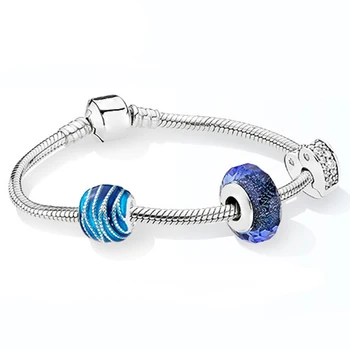 

NEW 100% 925 Sterling Silver Brand New Bracelet Set Dark Blue Ocean Charm Temperament Bracelet Set Fit DIY Gift