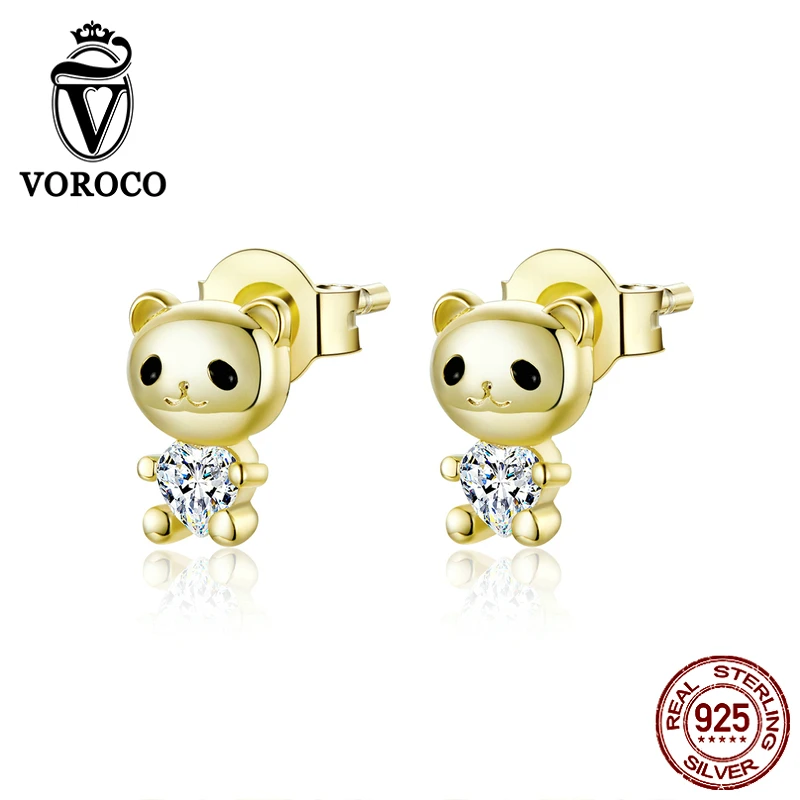 

VOROCO BKE801 Authentic 925 Sterling Silver Golden Bear Cute Funny Stud Earrings Women Girl's Fine Jewelry Korean Style Earrings