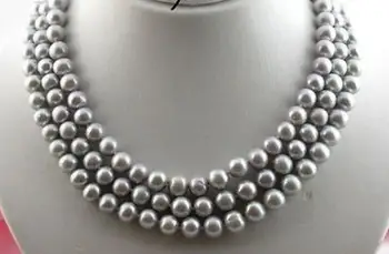 

Genuine Natural 3 Rows 9-10mm Tahitian Silver Gray Pearl Necklace 16-18''