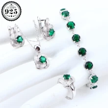 925 стерлингового серебра Ювелирные наборы для женские бижутерия зеленый цирконий камень серьги, браслет, кольцо ожерелье кулон набор