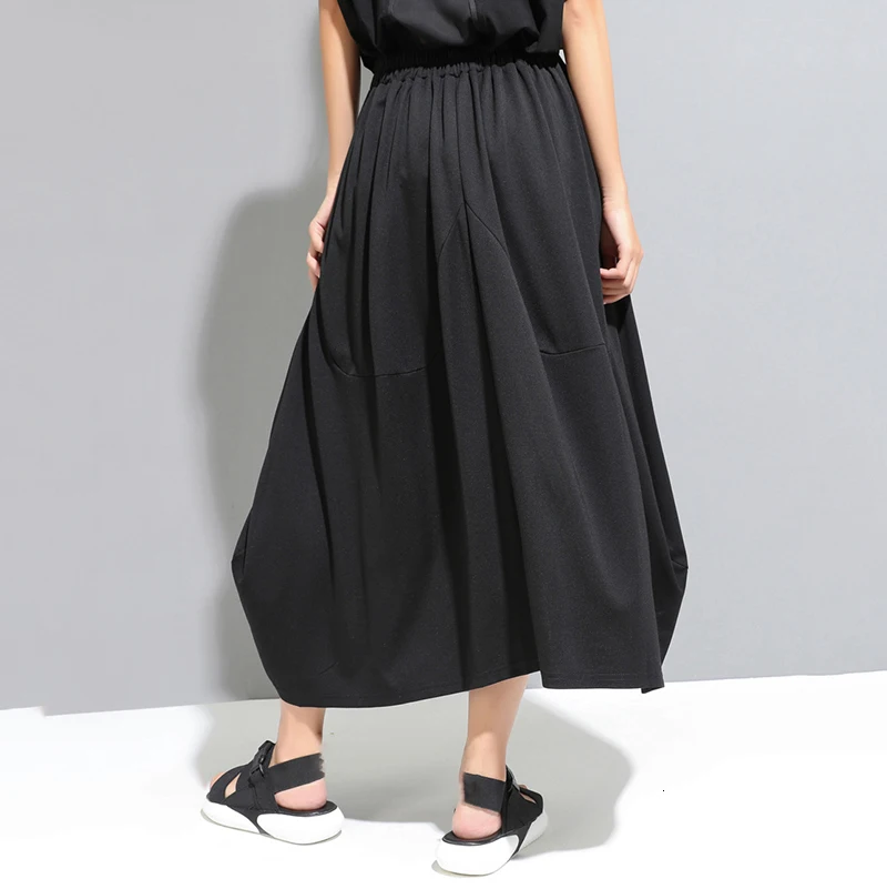 [EAM] New Spring Summer High Elastic Waist Black Pocket Split Joint Loose Irregular Half-body Skirt Women Fashion JW888