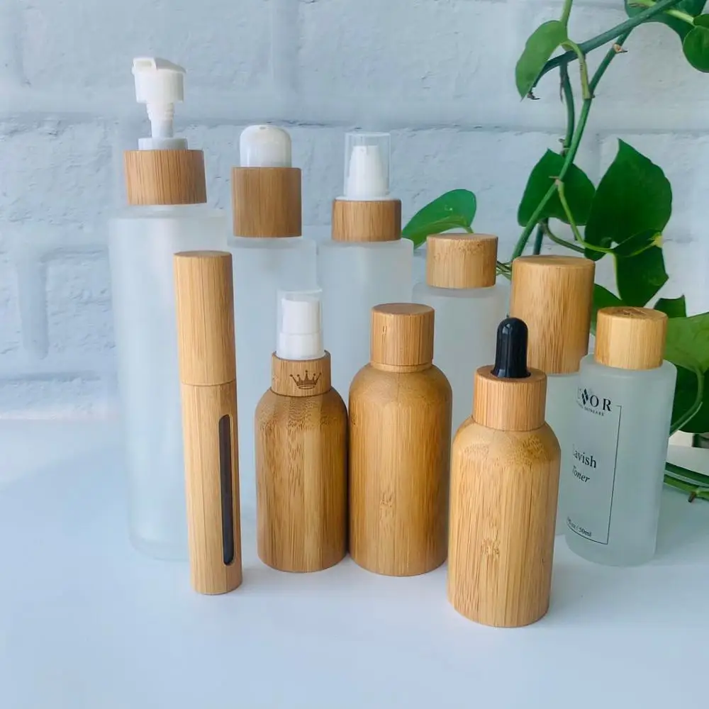 

80pcs/lot 150ml Bamboo wood covered with spray cap lotion pump cap shampoo cap frosted glass Bottles jars for cosmetics 5 oz