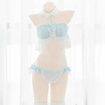 

Small Fresh Women Blue Plaid Daisy Breast Wrapping Underwear Set Lace Trim Bows Cute Girly Little Maid Apron Private Pajamas