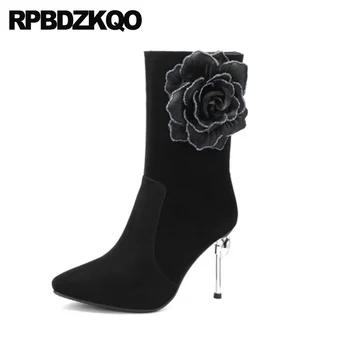 

Genuine Leather Metal Heel Boots Black Ankle Suede Women Winter Stiletto Crystal Big Size High Quality 2019 Pointed Toe Shoes