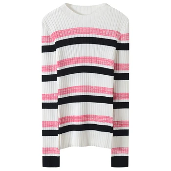 

2020 Design Striped Knitted Pullovers Sweater Women Spring Autumn Long Sleeve Femme Stretchy Streetwear Slim Fit Ladies Jumper