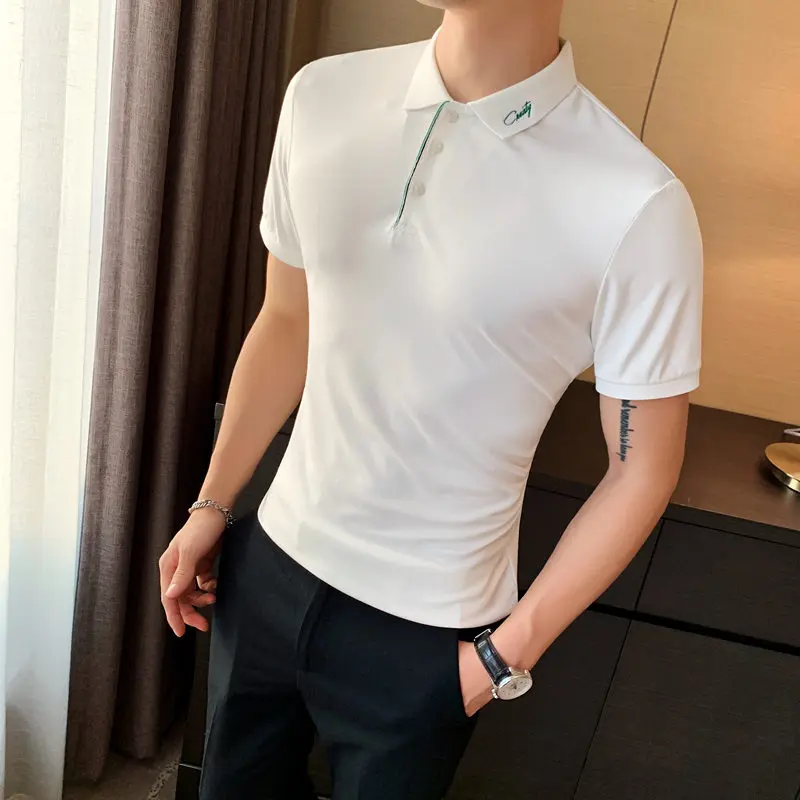 2020 New Summer Short Sleeve Polo Shirt Men Streetwear Fashion Embroidery Collar Slim Fit Men's Casual Polos Homme Black/White | Мужская