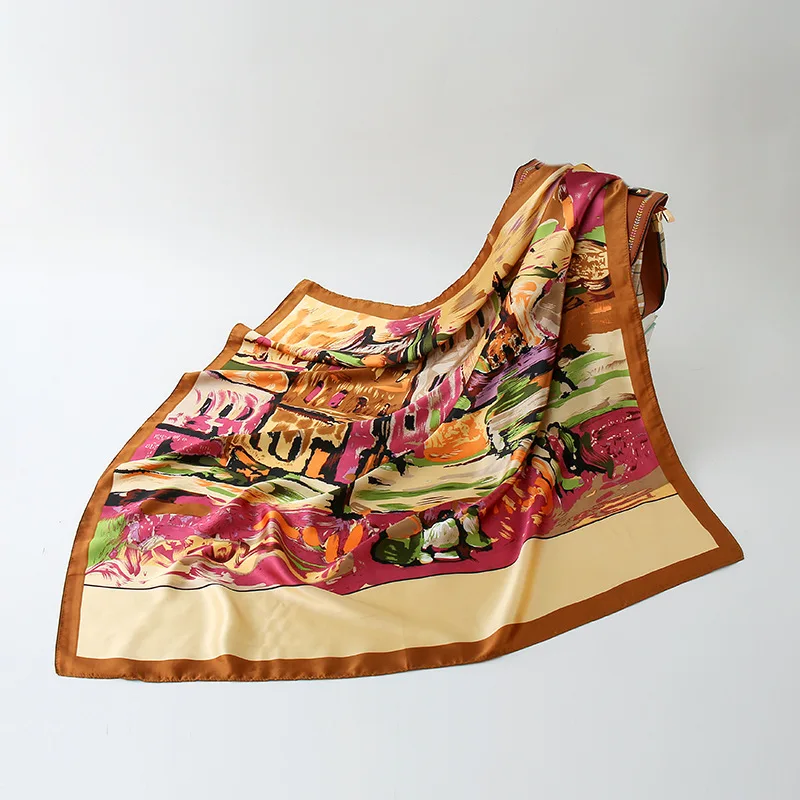 2021 spring Fashion Floral Scarf Women Oil Painting Silk Satin Kerchief Scarfs new 90X90CM Square Shawl Ladies Headband Scarves 2