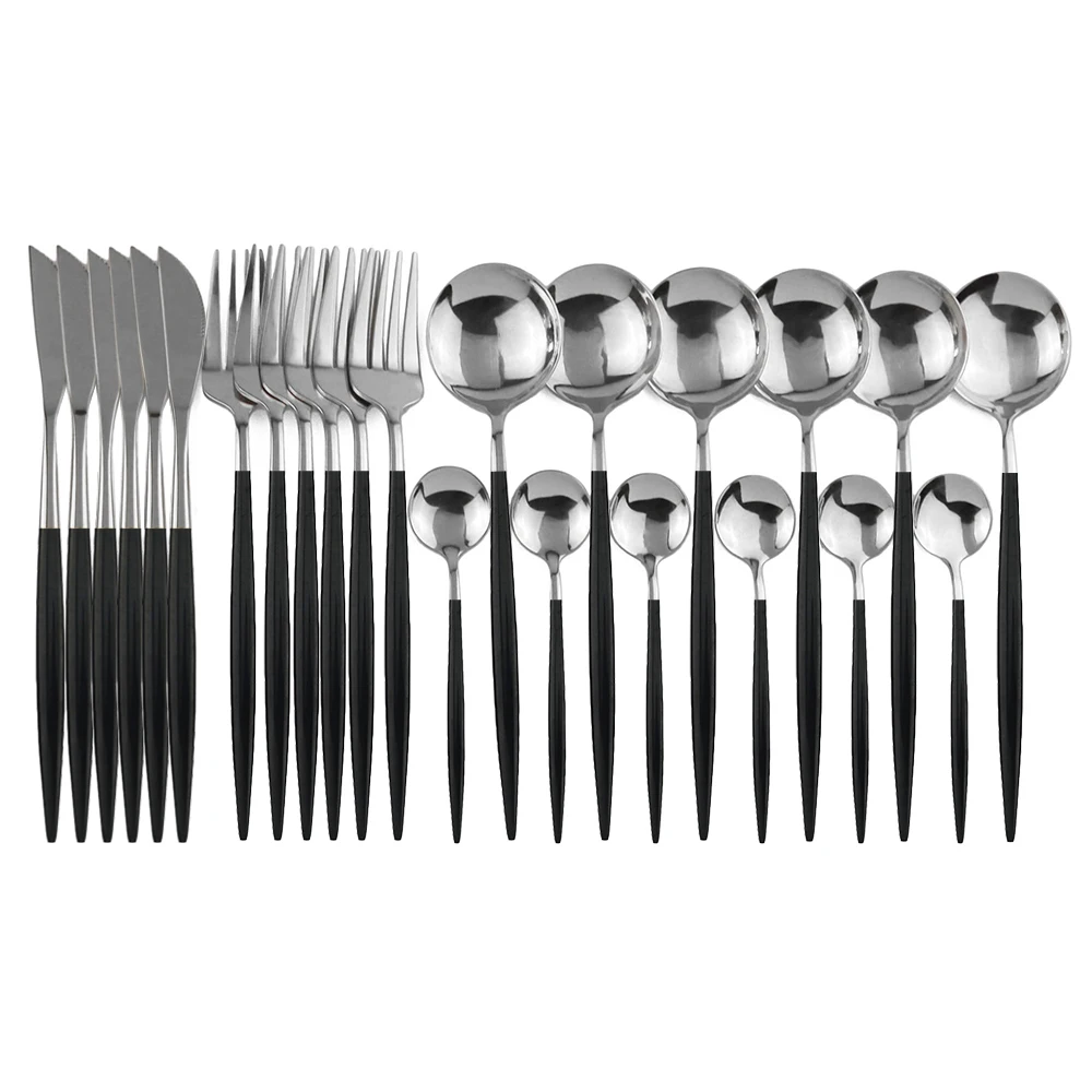 24Pcs Black Silver 24 шт./компл. 18/10 Нержавеющая сталь ужин черного и золотого цвета посуда набор Ножи, столовая ложка, вилка, Столовый Набор для кухни посуда набор серебряных приборов - Цвет: 24Pcs Black Silver
