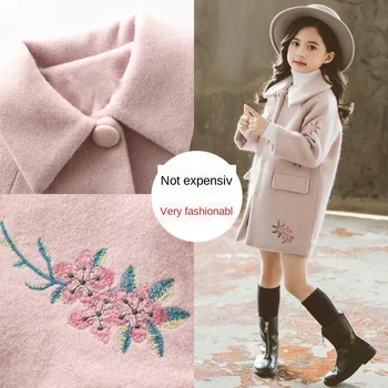 

Girl's Woolen Coat Jacket Autumn and Winter 2020 New Korean Version of The Big Girl Long Section Plus Velvet Thick Woolen Coat