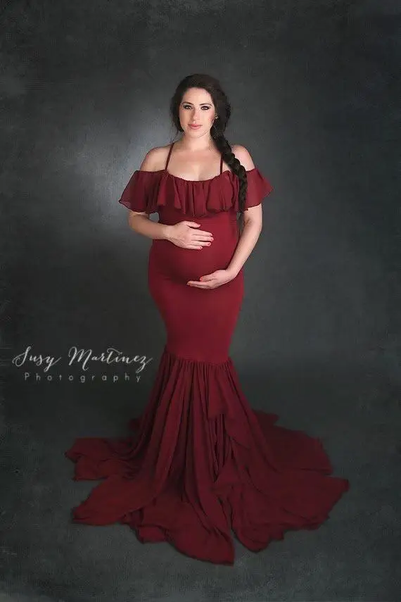 Платья для беременных с плоским плечом для фотосессии; реквизит для беременных; платье для беременных - Цвет: Red Wine
