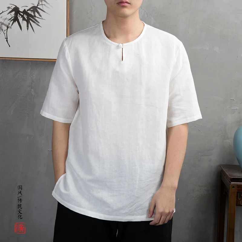 

2018 Summer New Style Chinese-style Cotton Linen Frog Men Casual Short Sleeve T-shirt Vintage Large Size Flax T-shirt Men's