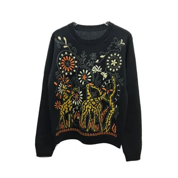 

New wool blended round neck long sleeve embroidery abstract dynamic figure forest pattern in the spring of 2020 sweaters