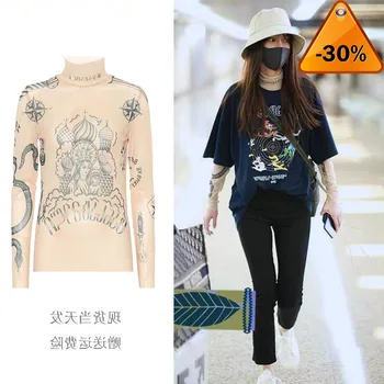 

Print Russia 2020 New Male Women Couples Basal Top Goddess Tatoo Print Vintage Mesh Yarn SEXY Blouse Shirt Elasticity grid
