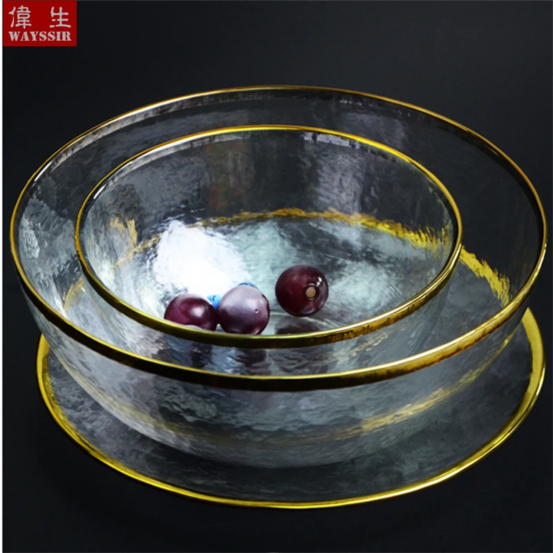 Nordic style gold-plated glass plate for fruit, dessert, salad, soup bowl, dinner, hotel, wedding, decorative tableware