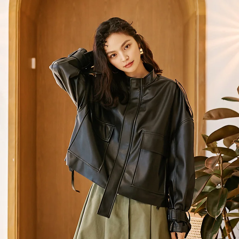 Autumn Winter Leather Jacket Women Black Short Pu Faux Leather Coat Irregular Hem Epaulet Outwear Jaqueta De Couro Feminina - Цвет: Черный
