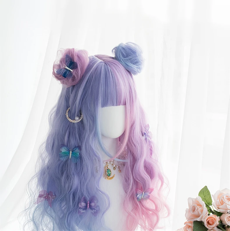 

gradient ramp Purple Pink Curly lolita Cosplay Wig Girl Hairpiece Girl Wavy Curly Hair Periwig 50 cm Wig Hairband accessory