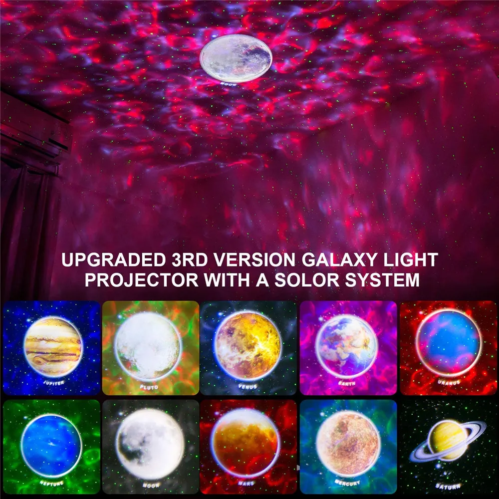 2021 New 10 Planets Projection Starry Night Light USB Bluetooth Ocean Wave Nebula Projector Lamp for Kids Baby Home Planetarium