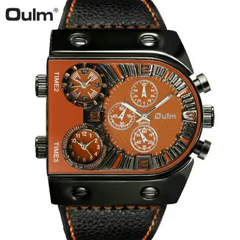

OULM Unique Military Quartz Watch Men Leather Strap 3 Time Zone Sub-dials Fashion Design Colorful Orange Wrist Watches relogio