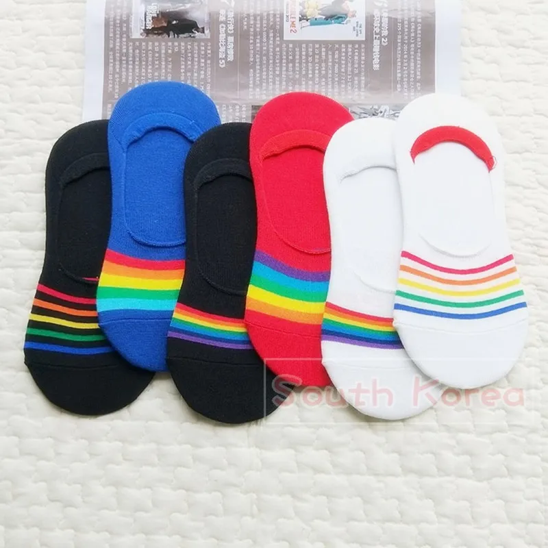 Однотонные полосатые носки с принтом; женские хлопковые носки в радужную полоску; сезон весна-лето; милые забавные носки в консервативном стиле; невидимые нескользящие носки