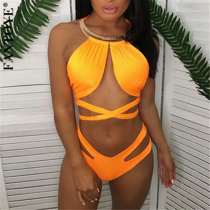 

Fantoye 2019 Summer Sexy Halter Bikini Set Women Hollow Out Bandage Swimsuit For Women Brazilian Beach Biquini Bathing Suits