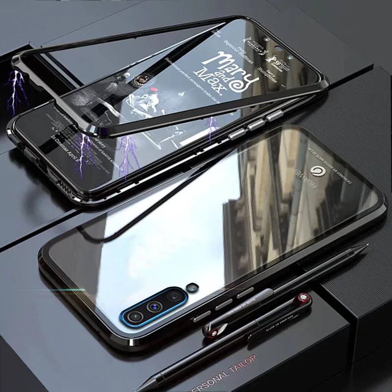 Чехол YonLinTan Coque для samsung galaxy A30 A50 A70, Металлическая магнитная рамка, жесткое закаленное стекло, задняя крышка для телефона