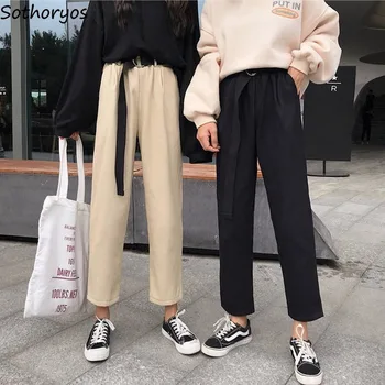 

Casual Pants Women Velvet Long Trousers Solid Color Straight Womens Students Daily Elastic Low Waist Korean Style Fashionable