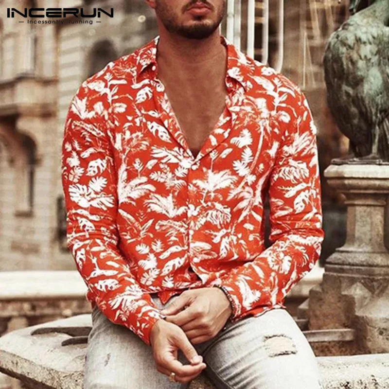 INCERUN, модная мужская гавайская рубашка, с принтом, для отдыха, воротник с лацканами, длинный рукав, сорочка,, Пляжная, повседневная, мужская рубашка, уличная одежда, 3XL
