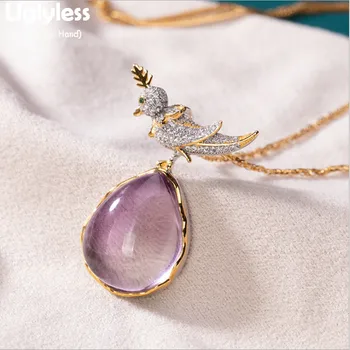 

Uglyless Pretty Transparent Purple Crystal Necklaces for Women Water Drop High Jewelry Lovely Birds Parrot Pendants +Chain P769