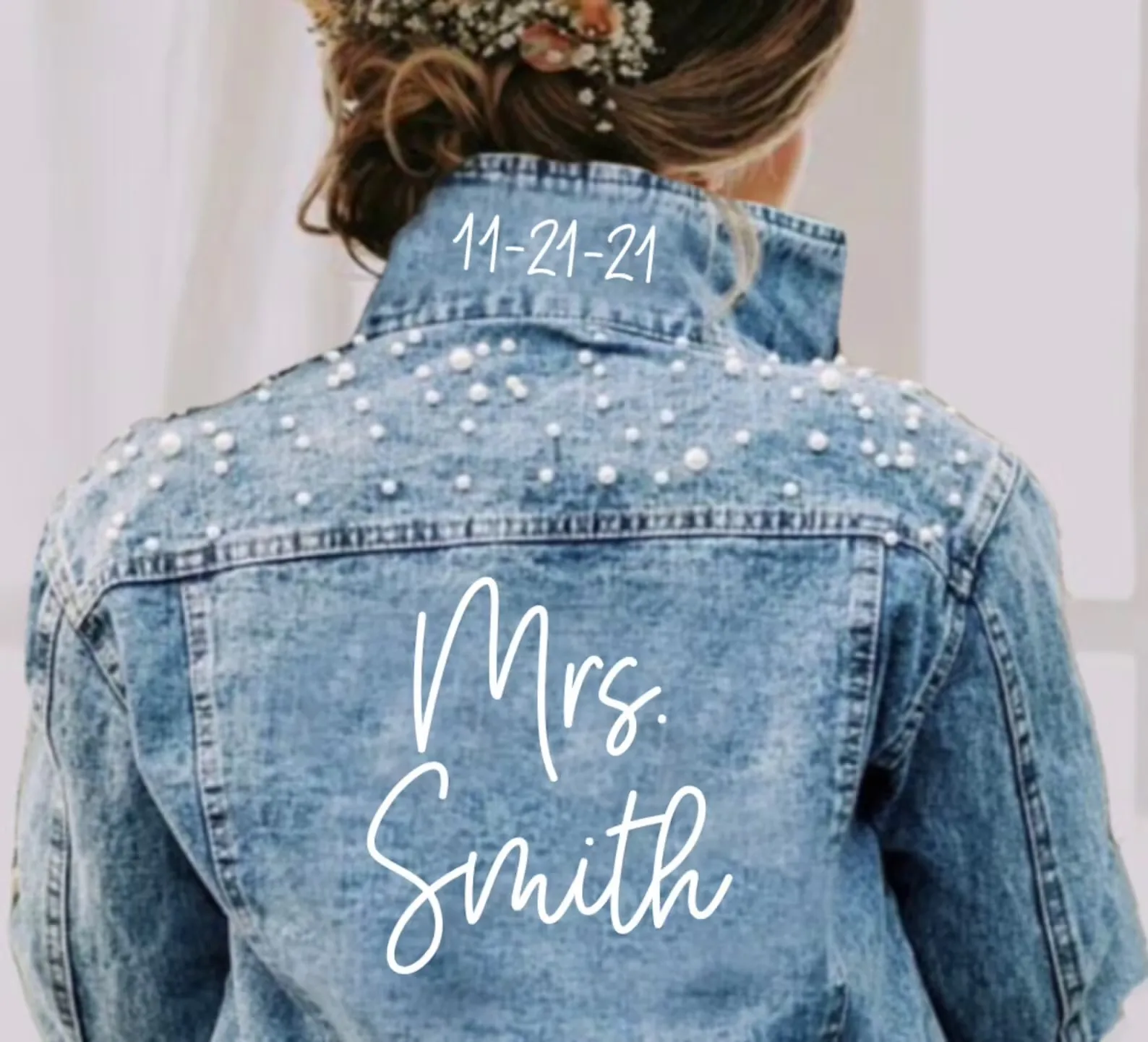 

PERSONALIZED Statement Denim Bridal Jacket Custom Name Pearl Detailing MRS Jacket Custom Date Placement on Collar Bride Gift