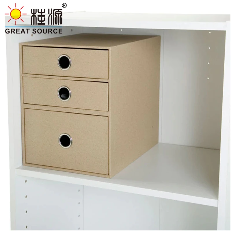 3 Layers Storage Cardboard Cabinet Office Desk Top Organizer Home 3 Drawers Cabinet Beige Faux Linen Natural Wood Paper(2PCS)