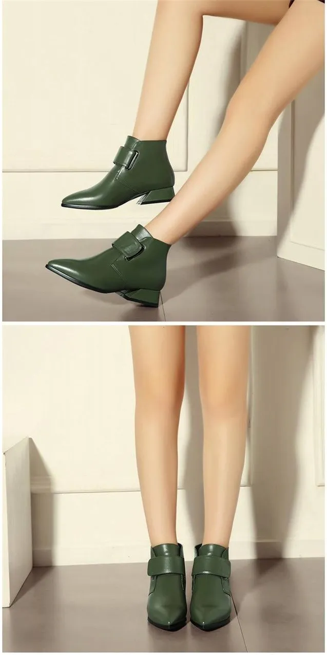 Женские ботинки на толстом каблуке; мягкие женские повседневные ботинки в стиле ретро с острым носком; сезон осень-зима; однотонные Зеленые ботинки на высоком каблуке