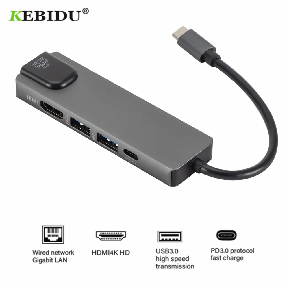 

KEBIDU 5 in 1 USB Type C Hub Hdmi 4K USB C Hub to Gigabit Ethernet Rj45 Lan Adapter for Mac book Pro Thunderbolt 3 USB-C Charger