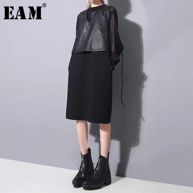 

[EAM] 2019 New Autumn Winter Round Neck Long Sleeve Black Mesh Stitch Loose Perspective Dress Women Fashion Tide JO270