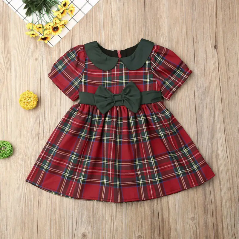 1-4Years Kid Girls Christmas Dress Xmas Toddler Kids Baby Girl Clothes Short Sleeve Christmas Bowknot Tutu Dress