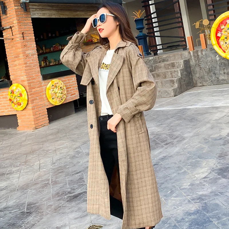 

LULU Plaid Trench Coat Women's Mid-length Korean-style Spring 2019 New Style Students Loose-Fit over-the-Knee CHIC Early Autumn